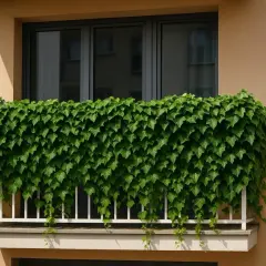 Gęsty bluszcz tworzy zieloną kaskadę na balkonie, zasłaniając balustradę i okna.