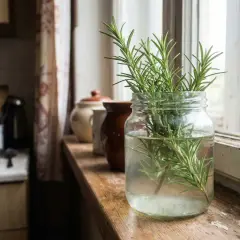 Gałązki rozmarynu w słoiku z wodą na parapecie. Idealny do przyprawiania potraw i do aromaterapii.