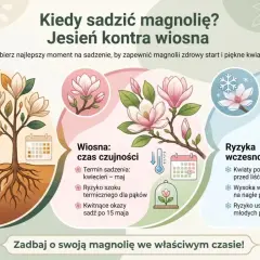 Jesień to najlepszy czas, kiedy sadzić magnolię, bo ziemia jest nagrzana, a roślina lepiej regeneruje się przed zimą. Wiosną jest ryzyko szoku termicznego.