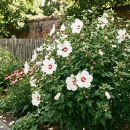 Krzew białego hibiskusa z czerwonymi środkami kwiatów, kwitnący przy drewnianym płocie. Idealne stanowisko dla hibiskusa.