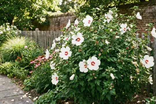 Krzew białego hibiskusa z czerwonymi środkami kwiatów, kwitnący przy drewnianym płocie. Idealne stanowisko dla hibiskusa.