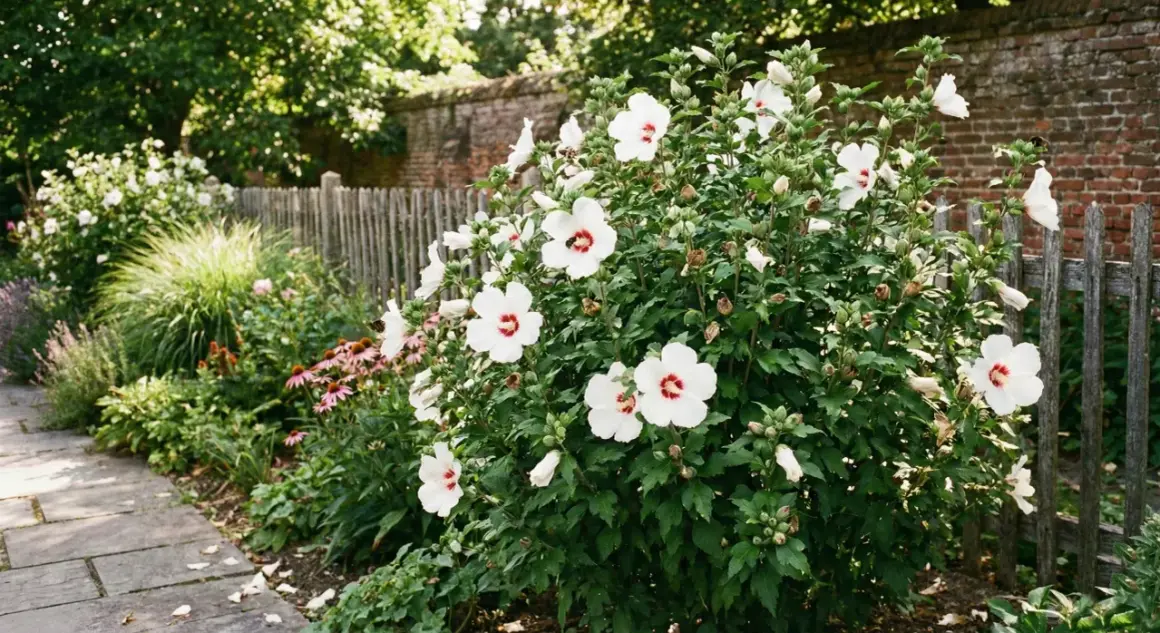 Krzew białego hibiskusa z czerwonymi środkami kwiatów, kwitnący przy drewnianym płocie. Idealne stanowisko dla hibiskusa.