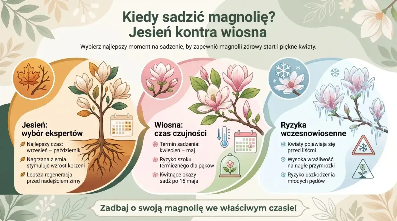 Jesień to najlepszy czas, kiedy sadzić magnolię. Wrzesień-październik sprzyja regeneracji korzeni przed zimą. Wiosną sadzenie jest ryzykowne.
